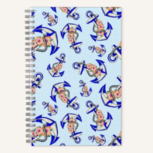 Navy Blue Anchor Nautical Floral Light Blue Notebook