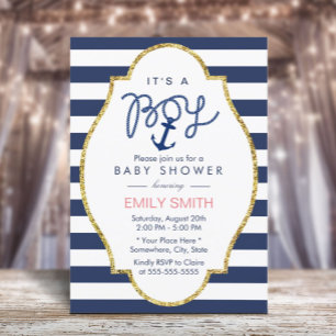 Navy Blue Anchor Nautical Stripes Boy Baby Shower Invitation
