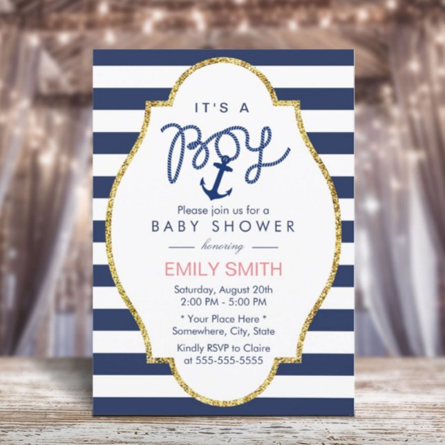 Navy Blue Anchor Nautical Stripes Boy Baby Shower Invitation (Creator Uploaded)