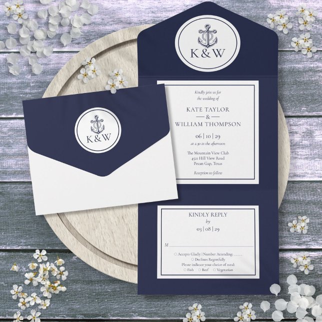 Navy Blue Anchor Nautical Wedding All In One Invitation (Navy Blue Anchor Nautical Wedding All In One Invitation)