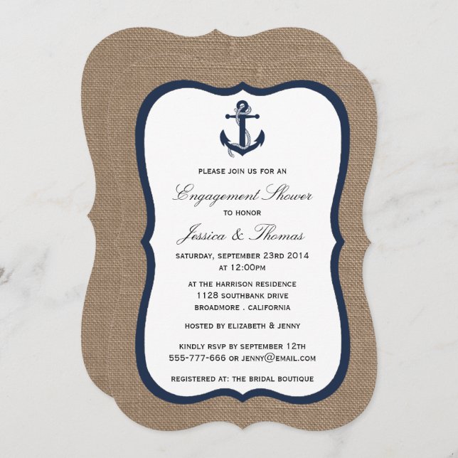 Navy Blue Anchor On Burlap Nautical Engagement Invitation (Front/Back)