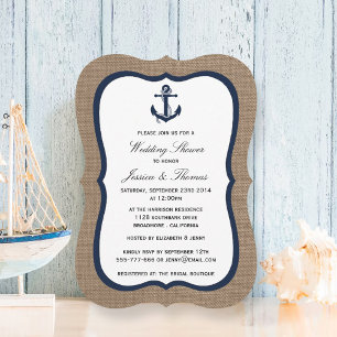 Navy Blue Anchor On Burlap Nautical Wedding Shower Invitation