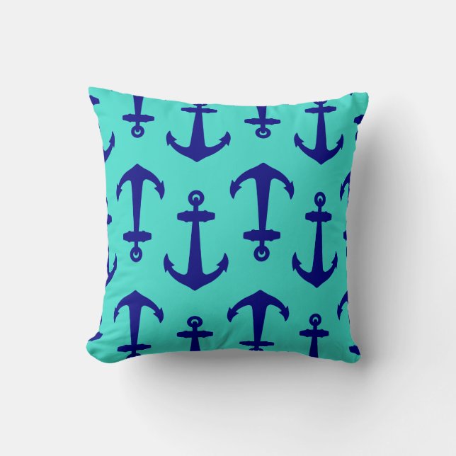 Navy Blue Anchor On Turquoise Coastal Decor Cushion (Front)