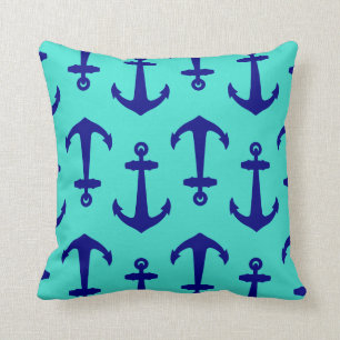 Navy Blue Anchor On Turquoise Coastal Decor Cushion