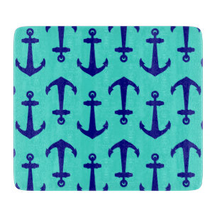 Navy Blue Anchor On Turquoise Coastal Decor Cutting Board
