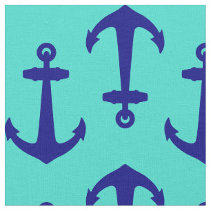 Navy Blue Anchor On Turquoise Coastal Decor Fabric