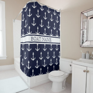 Navy Blue Anchor Pattern Nautical Boat Name Shower Curtain