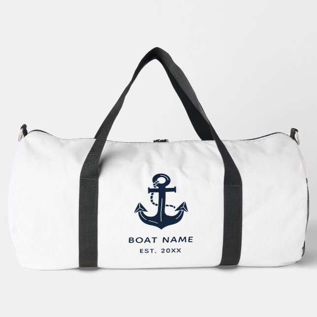 Navy Blue Anchor Personalised Boat Name Duffle Bag (Front)