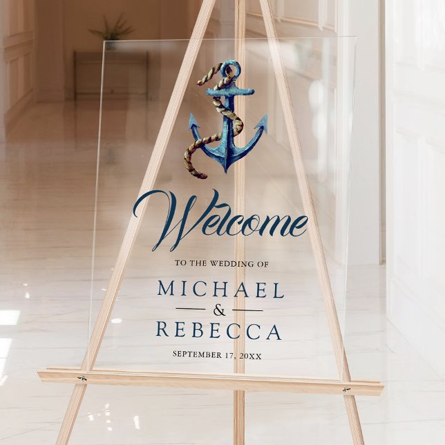 Navy Blue Anchor Rope Wedding Welcome Acrylic Sign (Creator Uploaded)