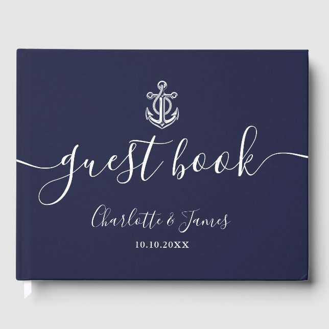 Navy Blue Anchor Script Nautical Wedding Guest Book (Front)