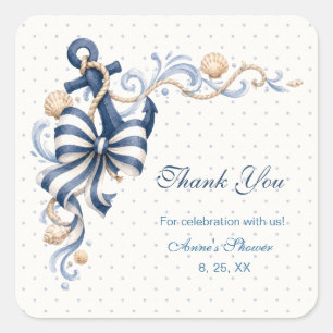 Navy Blue Anchor Striped Bow Thank You Square Sticker