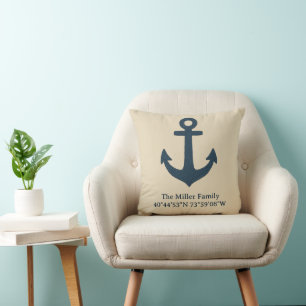 navy blue Anchor with Family Name and Coordinates Cushion