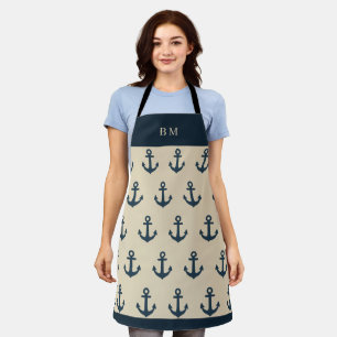 navy blue Anchor with Monogram Beige Coastal  Apron