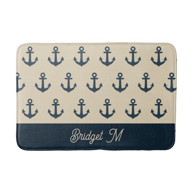 navy blue Anchor with Monogram Beige Coastal  Bath Mat (Front)