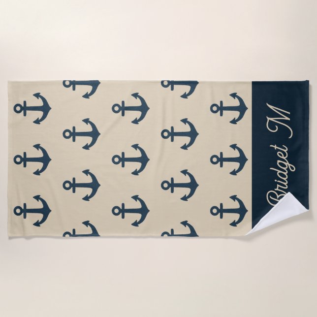 navy blue Anchor with Monogram Beige Coastal  Beach Towel (Front)