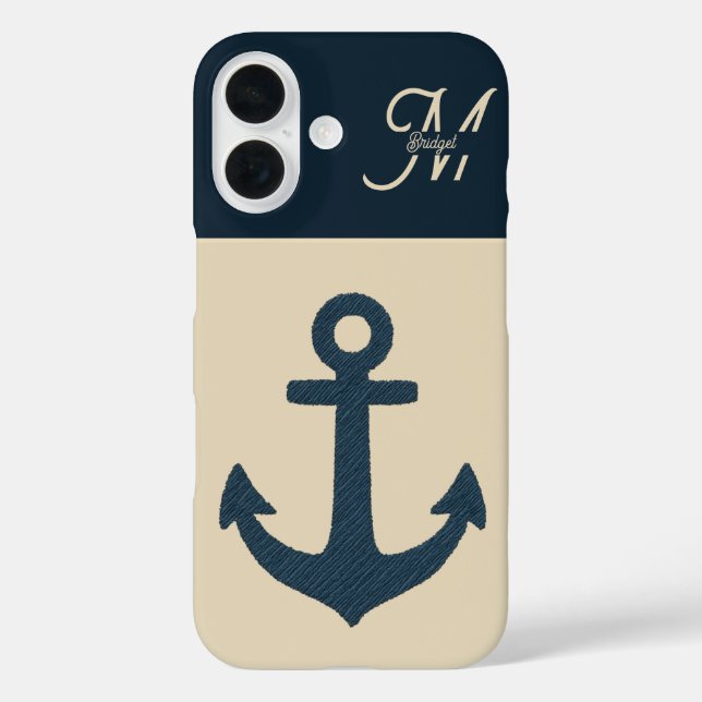 navy blue Anchor with Monogram Beige Coastal Case-Mate iPhone Case (Back)