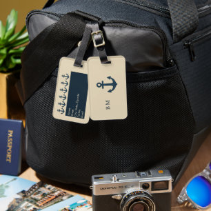 navy blue Anchor with Monogram Beige Coastal Luggage Tag