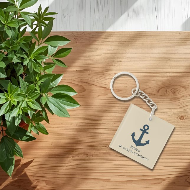 navy blue Anchor with Name and Coordinates Key Ring (Creator Uploaded)