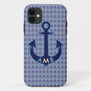 navy blue anchors personalised iPhone 11 case