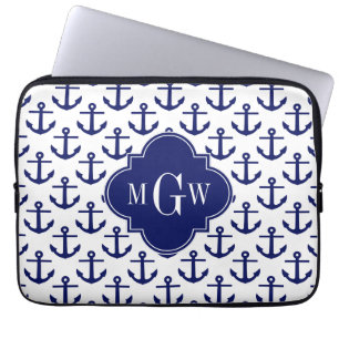 Navy Blue Anchors Wht BG, Navy 3 Initial Monogram Laptop Sleeve