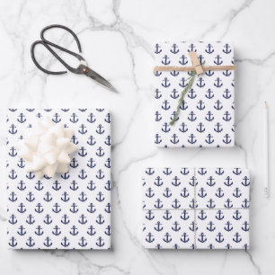 Navy Blue Anchors Wrapping Paper Sheets