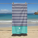 Navy Blue and Aqua Chic Stripes Heart Monogram Beach Towel<br><div class="desc">Stylish custom beach towel in aqua, navy blue and white colours. This design features a preppy classic navy and white striped pattern. Personalise it with your name monogram or other custom text with a cute heart symbol. Use the design tools to choose any background colours, edit the text fonts and...</div>