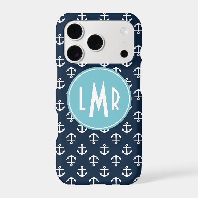 Navy Blue and Aqua Monogram Anchors Pattern (Back)