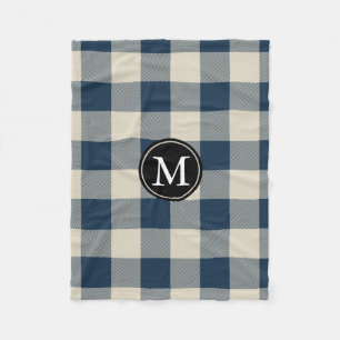 Navy Blue and Beige Buffalo Check Monogram Fleece Blanket