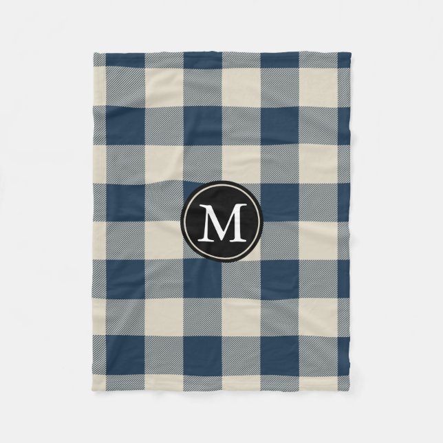 Navy Blue and Beige Buffalo Check Monogram Fleece Blanket (Front)