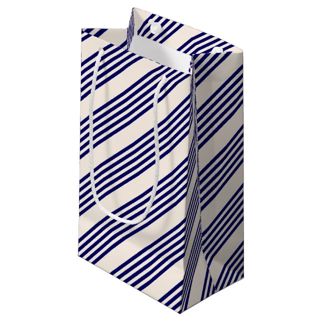 Navy blue and beige five stripes pattern small gift bag (Front Angled)
