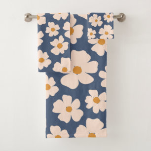 Navy blue and beige floral  bath towel set