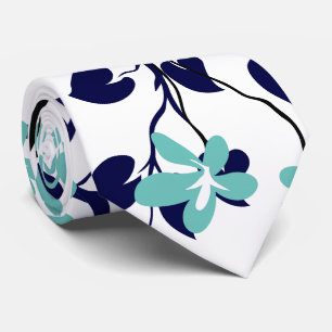 Navy blue and black branch, light teal flowers tie