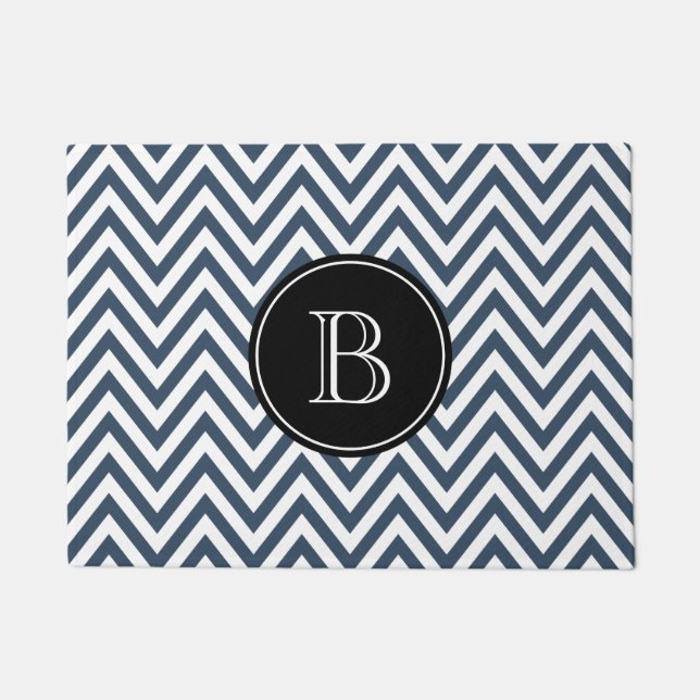Navy Blue and Black Chevron Custom Monogram Doormat (Front)