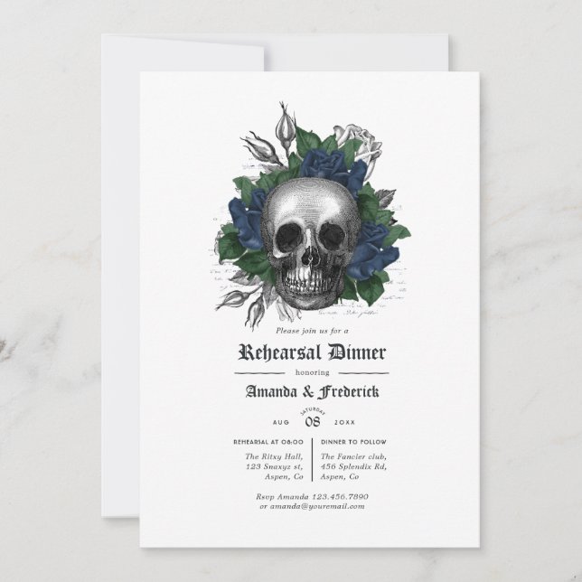 Navy Blue and Black Floral Gothic Rehearsal Dinner Invitation (Front)