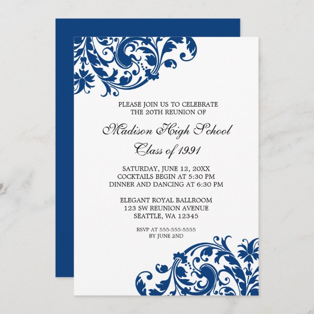 Navy Blue and Black Flourish Class Reunion Invitation (Front/Back)