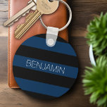 Navy Blue and Black Rugby Stripes with Custom Name Key Ring<br><div class="desc">Dark Blues and a sporty black -- A manly pattern for the guys and boys in your family. A bold and modern design with an area for customized text. If you need to adjust the artwork or change the font, you can click on the customize area. This will take you...</div>