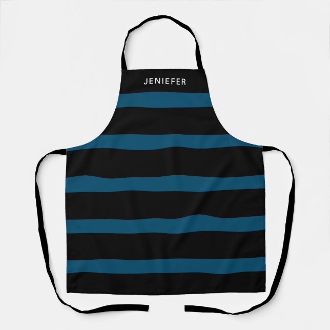 Navy Blue and Black Striped Pattern Custom Name Apron (Front)