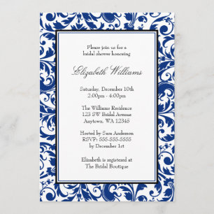 Navy Blue and Black Swirl Damask Bridal Shower Invitation