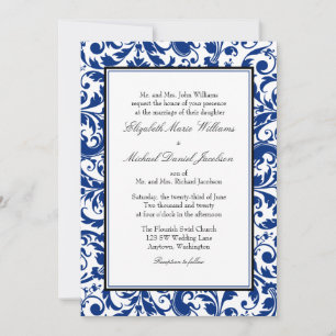 Navy Blue and Black Swirl Damask Wedding Invitation