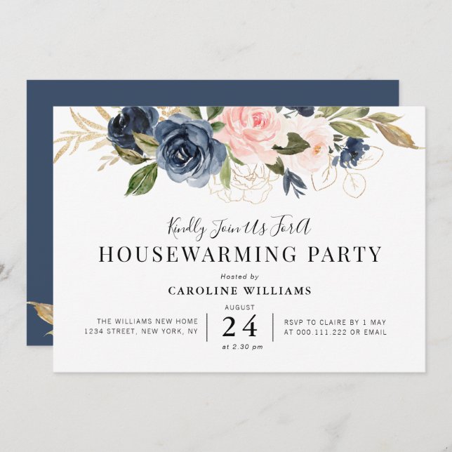 navy blue and blush floral housewarming party invitation (Front/Back)