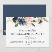 navy blue and blush floral housewarming party