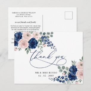 Navy Blue and Blush Floral Modern Thank You Postcard