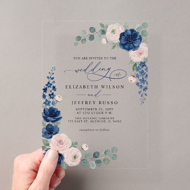 Navy Blue and Blush Floral Modern Wedding Acrylic Invitations (Insitu (Handheld))