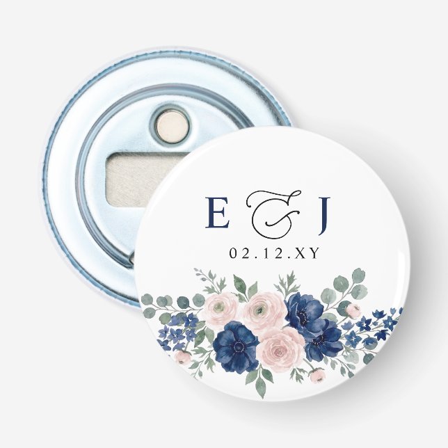 Navy Blue and Blush Floral Modern Wedding Bottle Opener (Front)