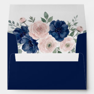 Navy Blue and Blush Floral Modern Wedding Envelope