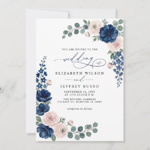 Navy Blue and Blush Floral Modern Wedding Invitation