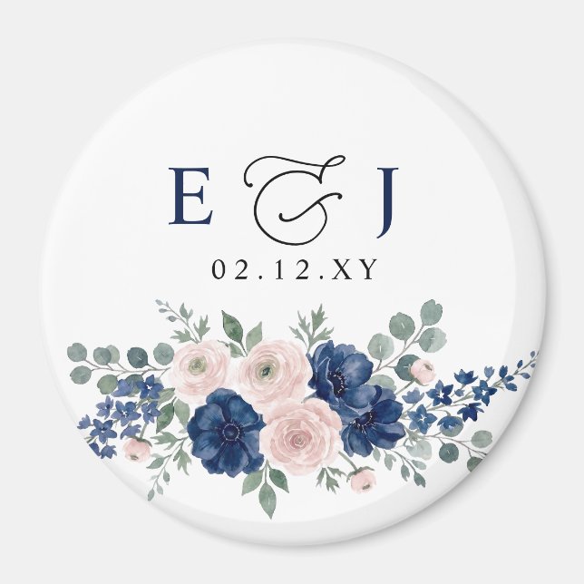 Navy Blue and Blush Floral Modern Wedding Magnet (Front)