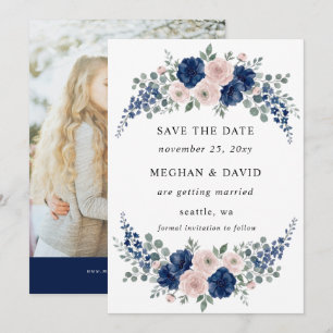 Navy Blue and Blush Floral Modern Wedding Photo Save The Date