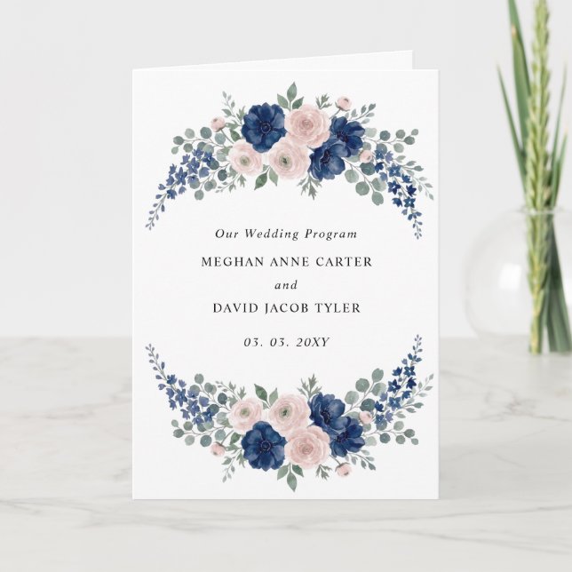 Navy Blue and Blush Floral Modern Wedding Programme (Front)