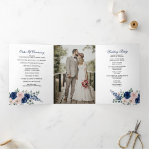 Navy Blue and Blush Floral Modern Wedding Tri-Fold Programme